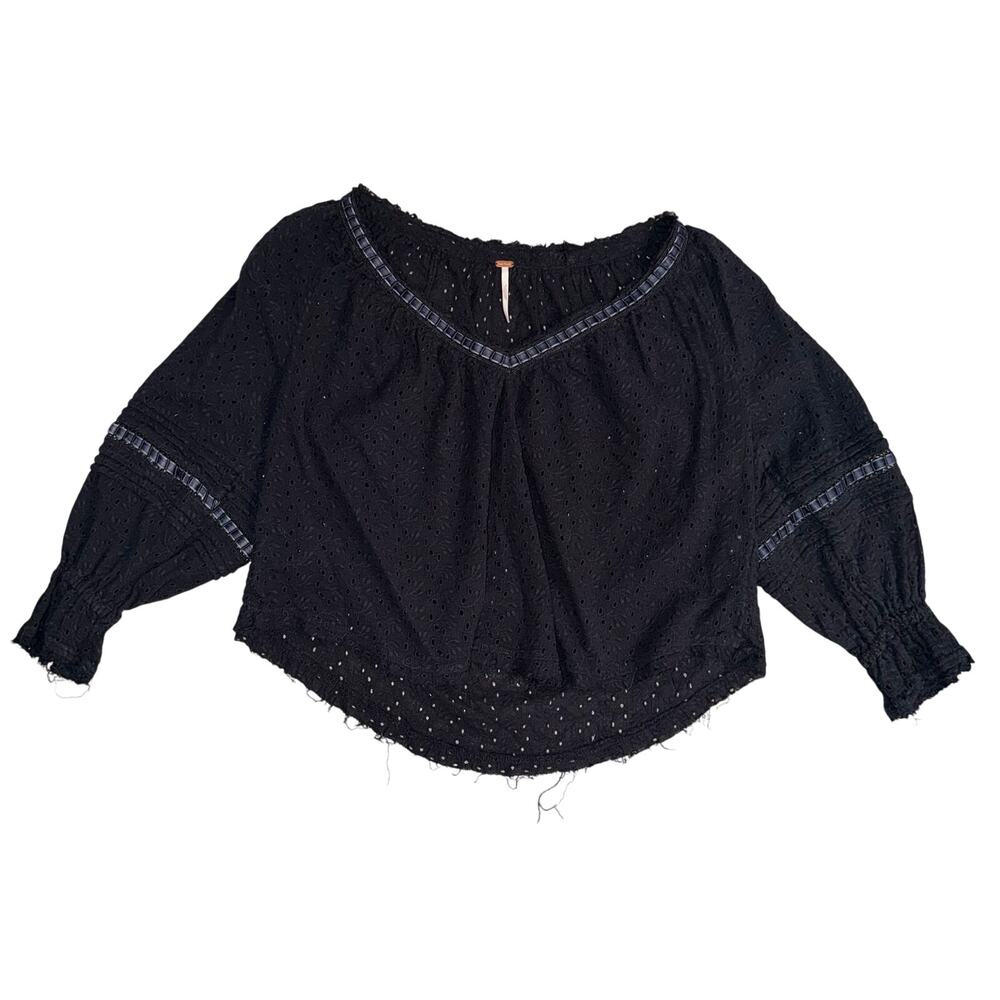 Free People Black Eyelet Lace Velvet Trim Boho Blouse Top XS Cottagecore V-Neck